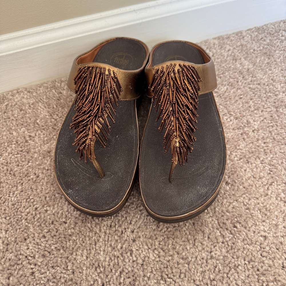 FitFlop Cha Cha Bronze Metallic Beaded Fringe Wedge Sandals 336-012 Womens 8
